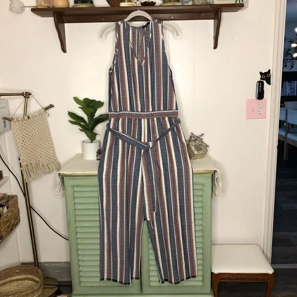 Drew Womens Striped Raw Hem Leg Sleeveless Jumpsuit Multicolored Size Medium